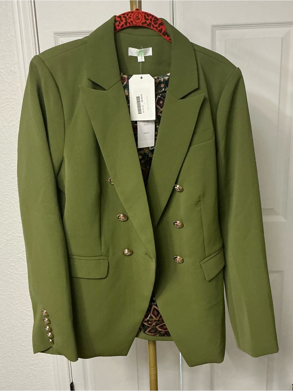 Jade Olive Green Double-Breasted Blazer with Gold Buttons